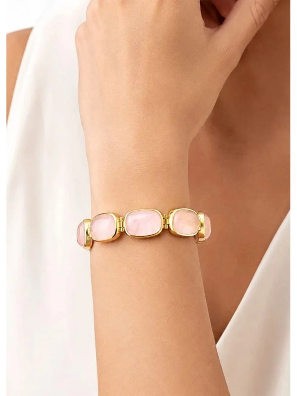 Genuine 76.50 Cts Rose Quartz Bracelet 14k Yellow Gold Plated (.925)